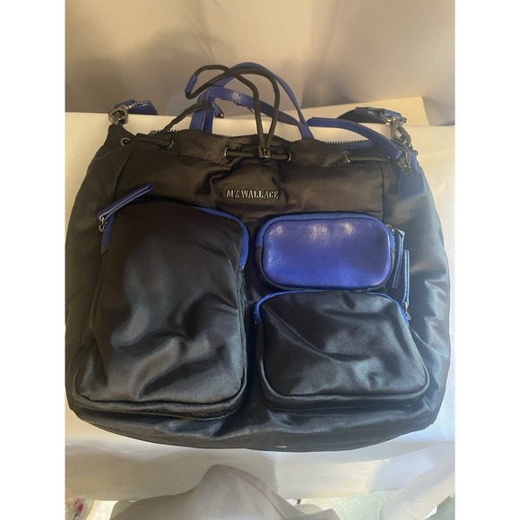 MZ WALLACE BOWERY NYLON SHOULDER BAG PURSE CROSSBODY BLACK CERULEAN BLUE TRIM - Picture 1 of 16
